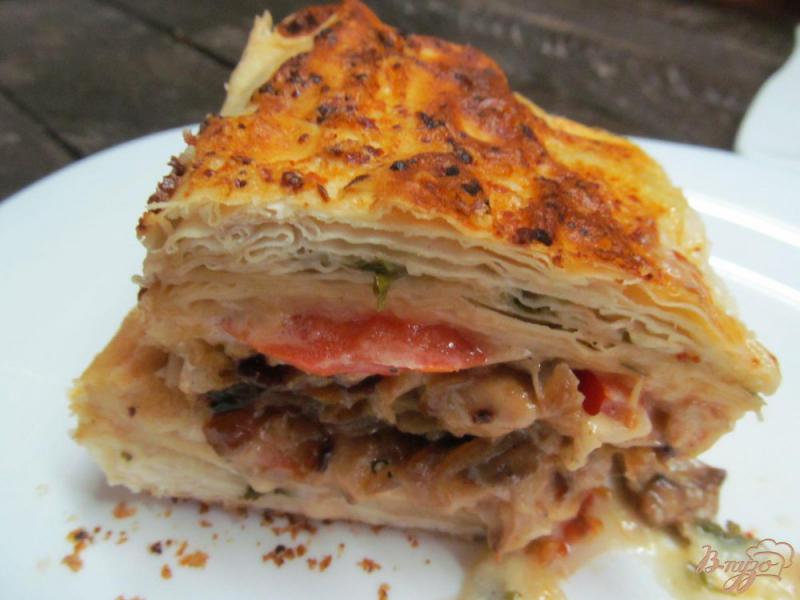 Фото приготовление рецепта: Пирог из лаваша с начинкой из мяса курицы и грибами шаг №11