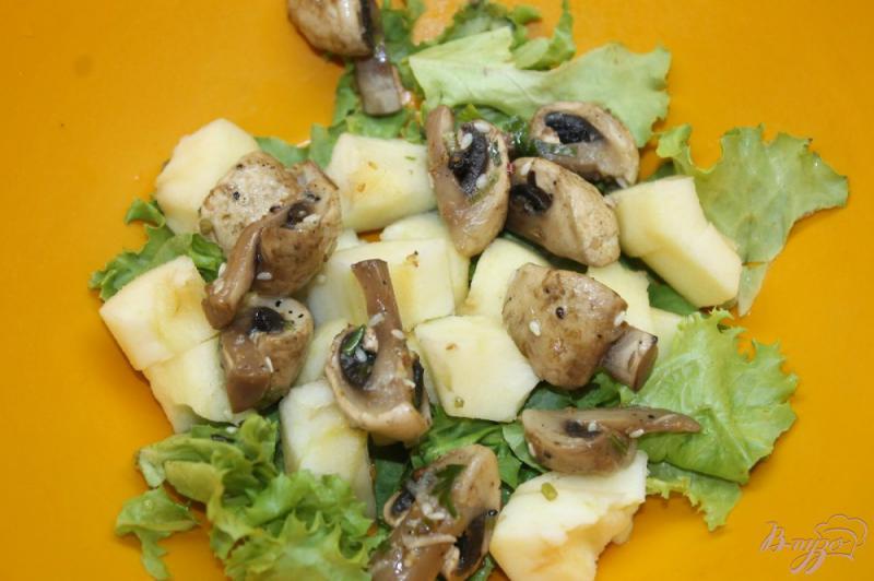 Фото приготовление рецепта: Летний салат из яблока, маринованных шампиньонов и свежих листьев салата шаг №2
