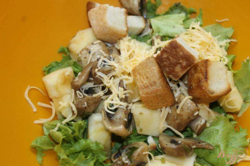 Фото приготовление рецепта: Летний салат из яблока, маринованных шампиньонов и свежих листьев салата шаг №4