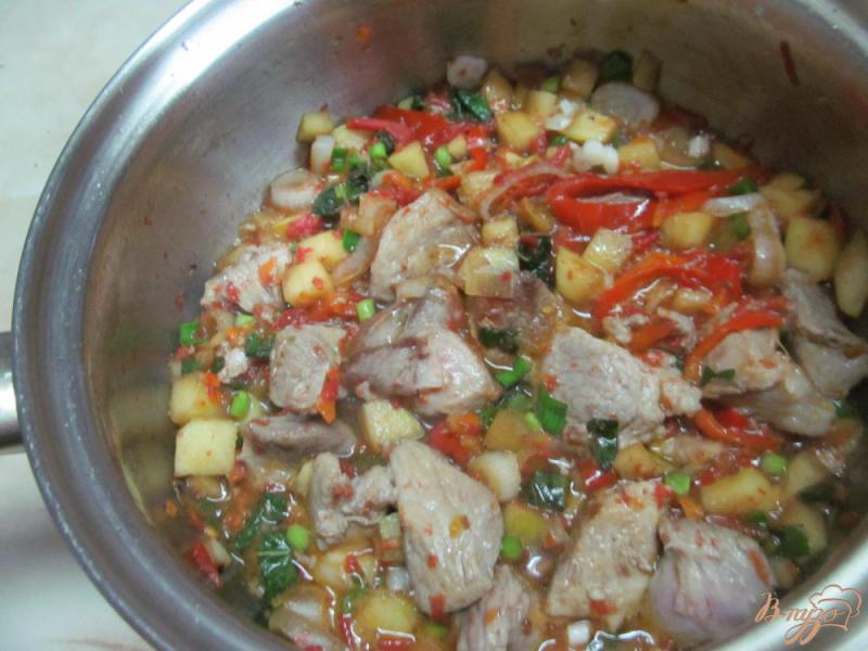 Фото приготовление рецепта: Тушенная свинина с овощами и яблоком шаг №8