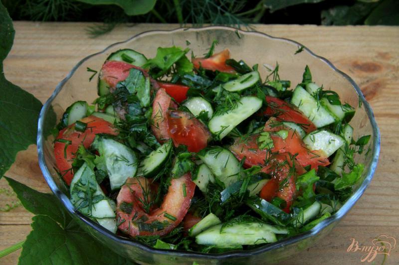 Фото приготовление рецепта: Салат из помидор, огурцов и зелени шаг №7