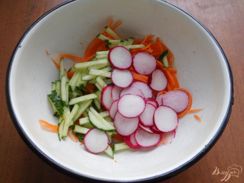 Фото приготовление рецепта: Салат из моркови с редисом, свежим огурцом и мясом шаг №2