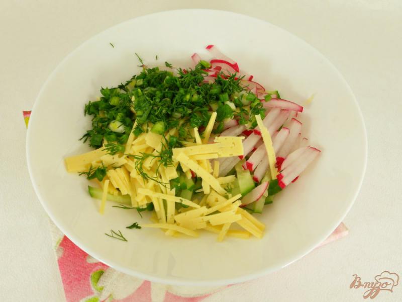 Фото приготовление рецепта: Салат из свежих огурцов с редисом и сыром шаг №2