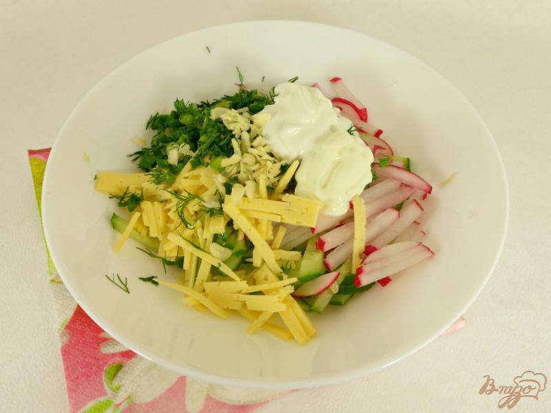 Фото приготовление рецепта: Салат из свежих огурцов с редисом и сыром шаг №3