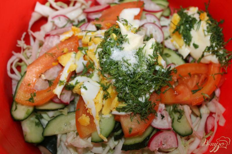 Фото приготовление рецепта: Салат из белокочанной капусты с редисом, помидором и яйцом шаг №5