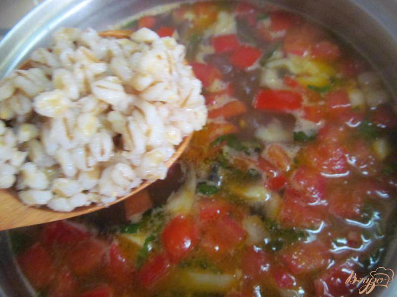 Фото приготовление рецепта: Овощной суп с грибами и перловкой на бульоне из почек шаг №9