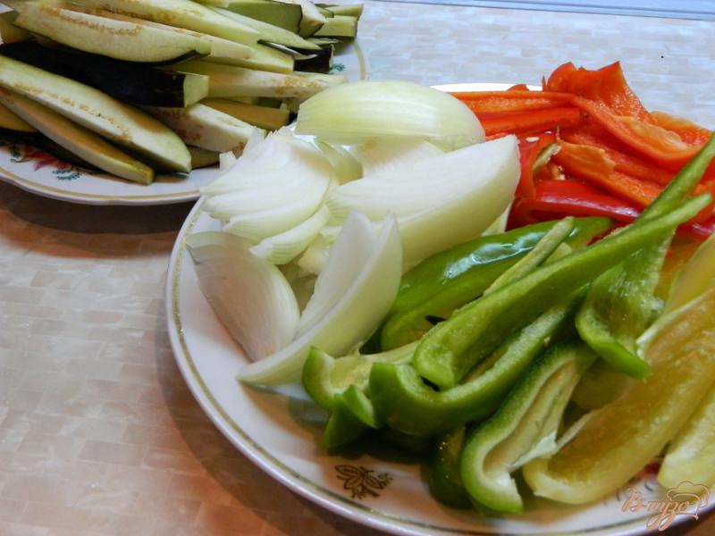 Фото приготовление рецепта: Острый теплый салат из баклажанов, болгарского перца и лука шаг №2