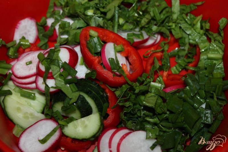 Фото приготовление рецепта: Салат с редисом, шпинатом и сыром Фета шаг №5