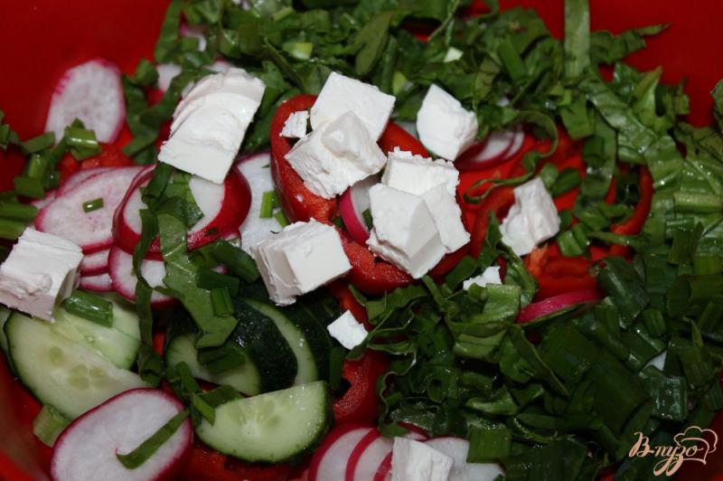 Фото приготовление рецепта: Салат с редисом, шпинатом и сыром Фета шаг №6