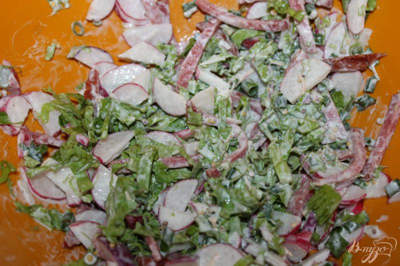 Фото приготовление рецепта: Салат с редисом, копченой колбасой и зеленью шаг №5