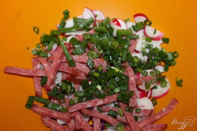 Фото приготовление рецепта: Салат с редисом, копченой колбасой и зеленью шаг №3