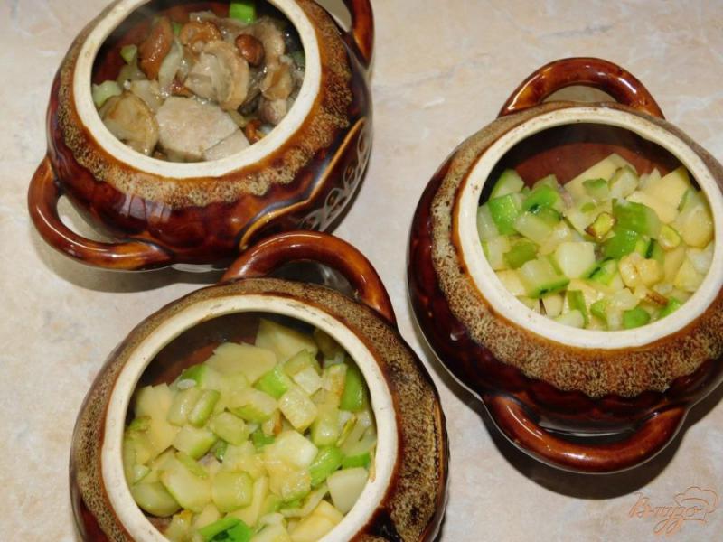 Фото приготовление рецепта: Мясо с овощами и грибами в горшочках шаг №5
