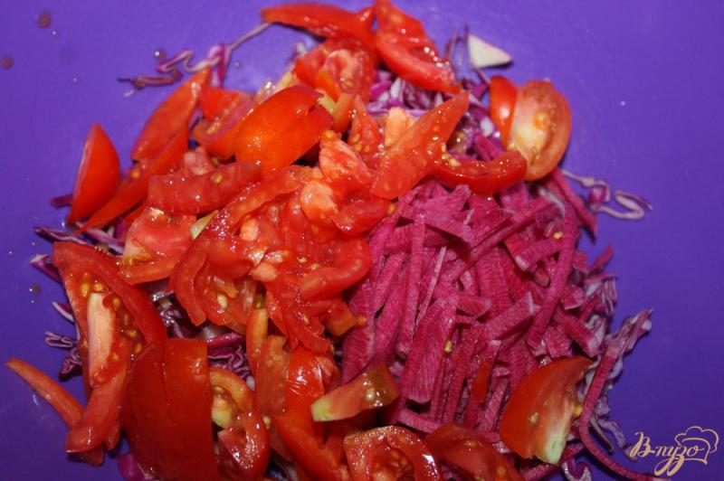 Фото приготовление рецепта: Салат из краснокочанной капусты с редькой и помидорами шаг №3