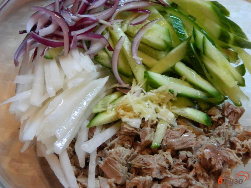 Фото приготовление рецепта: Мясной салат с редькой и соевым соусом шаг №3