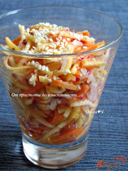 Фото приготовление рецепта: Салат из репы, моркови и редиса (без масла) шаг №5