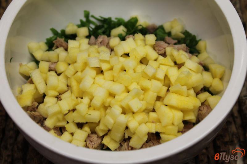 Фото приготовление рецепта: Мясной салат с зеленью ассорти и яблоком шаг №3