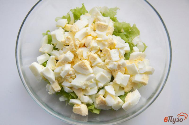 Фото приготовление рецепта: Салат из яиц, огурца и листьев салата шаг №2