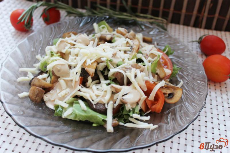 Фото приготовление рецепта: Теплый салат из утиной грудки с грибами и салатным миксом шаг №8