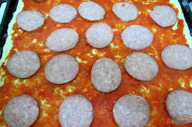 Фото приготовление рецепта: Пицца с салями, запеченными перцами и помидорами шаг №10