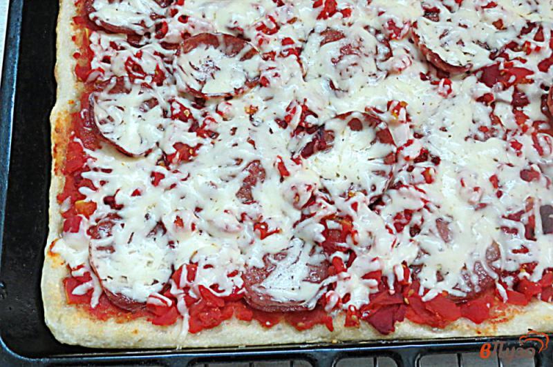 Фото приготовление рецепта: Пицца с салями, запеченными перцами и помидорами шаг №14