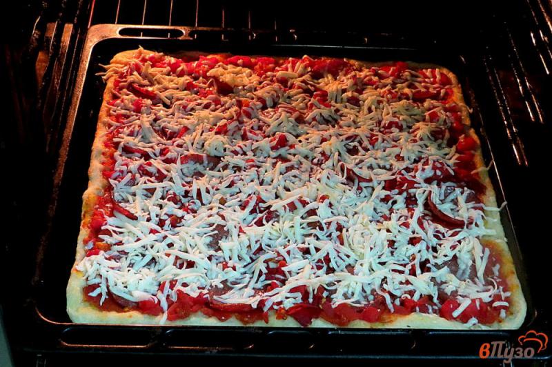Фото приготовление рецепта: Пицца с салями, запеченными перцами и помидорами шаг №13