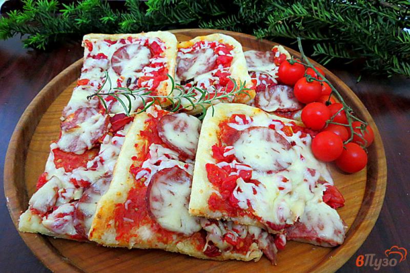 Фото приготовление рецепта: Пицца с салями, запеченными перцами и помидорами шаг №15