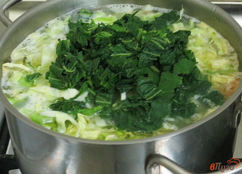 Фото приготовление рецепта: Зелёный суп с крапивой, капустой и рисом шаг №8