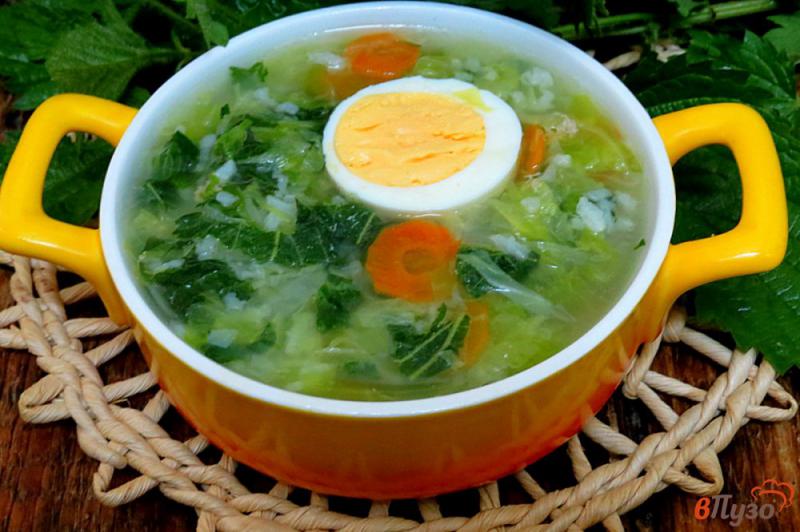 Фото приготовление рецепта: Зелёный суп с крапивой, капустой и рисом шаг №9
