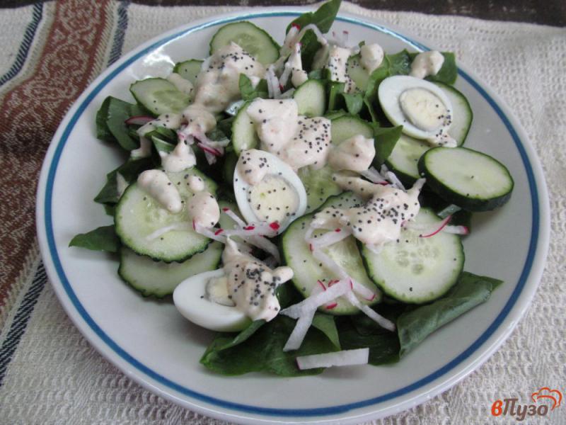 Фото приготовление рецепта: Салат из огурца с яйцами и шпинатом шаг №5