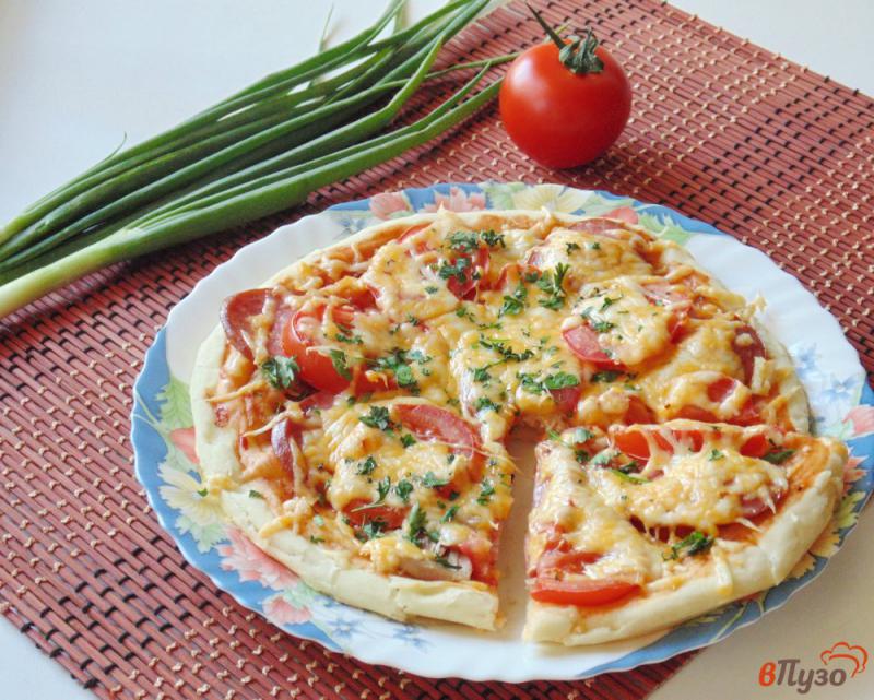 Фото приготовление рецепта: Пицца с отварной курицей и салями шаг №9