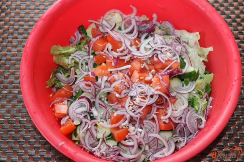 Фото приготовление рецепта: Салат из листовой зелени с овощами и луком шаг №4