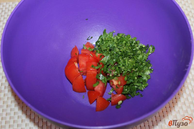 Фото приготовление рецепта: Теплый салат из жареных баклажанов, помидоров и зелени шаг №3