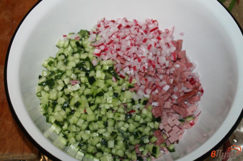 Фото приготовление рецепта: Холодный суп « окрошка » на минеральной воде с вареной колбасой и редисом шаг №2