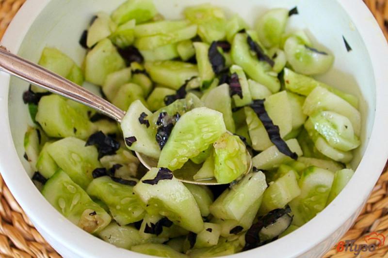 Фото приготовление рецепта: Салат из огурцов с чесноком и базиликом шаг №5