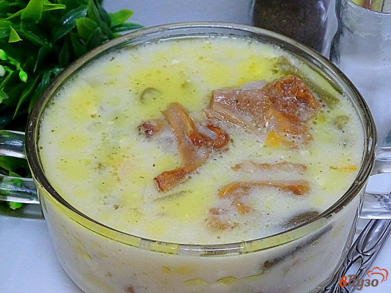 Фото приготовление рецепта: Суп с лисичками, плавленым сыром и спаржевой фасолью шаг №9