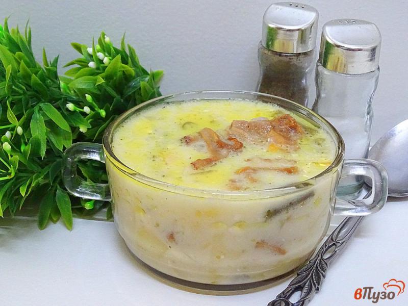 Фото приготовление рецепта: Суп с лисичками, плавленым сыром и спаржевой фасолью шаг №10