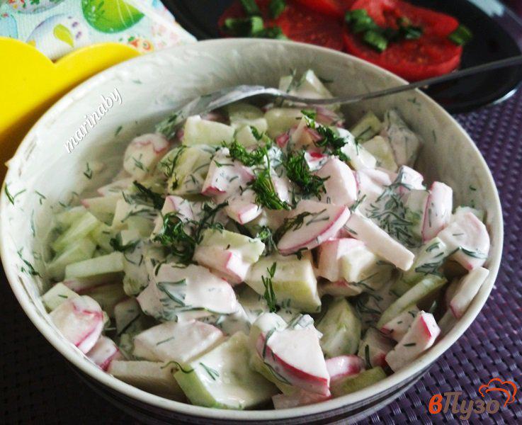 Фото приготовление рецепта: Салат из редиса с огурцом шаг №6