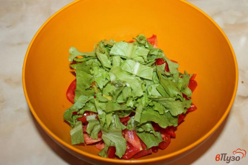 Фото приготовление рецепта: Салат из томатов, перца, листового салата и сыра под базиликовым песто шаг №3