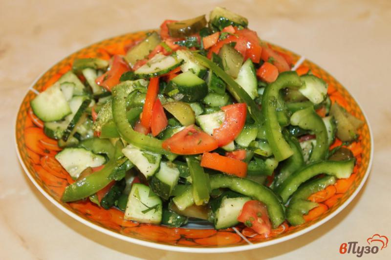 Фото приготовление рецепта: Салат из соленых огурцов, зеленого перца и помидор шаг №5