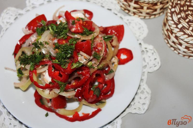 Фото приготовление рецепта: Салат из перца, помидоров, маринованного лука и свежего базилика шаг №5