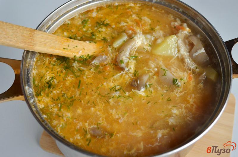 Фото приготовление рецепта: Суп с вешенкой, рисом и яйцом шаг №10