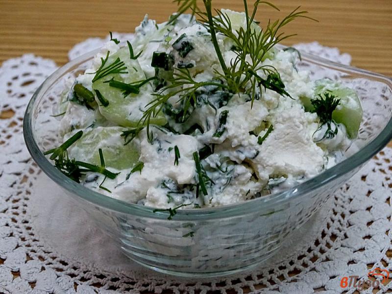 Фото приготовление рецепта: Салат из творога, огурцов и зелёного лука шаг №7