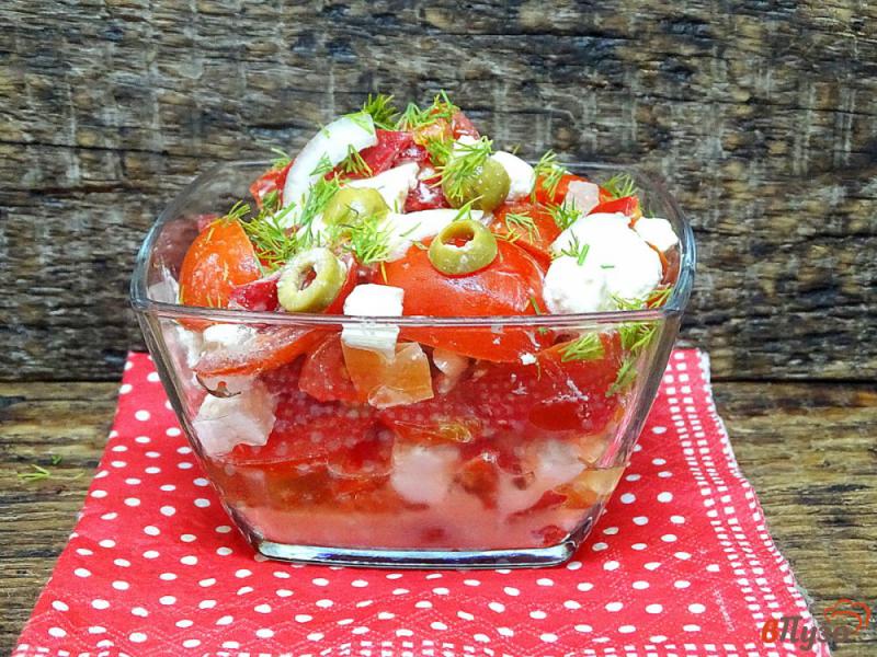 Фото приготовление рецепта: Салат из помидоров, перца оливок и феты шаг №7