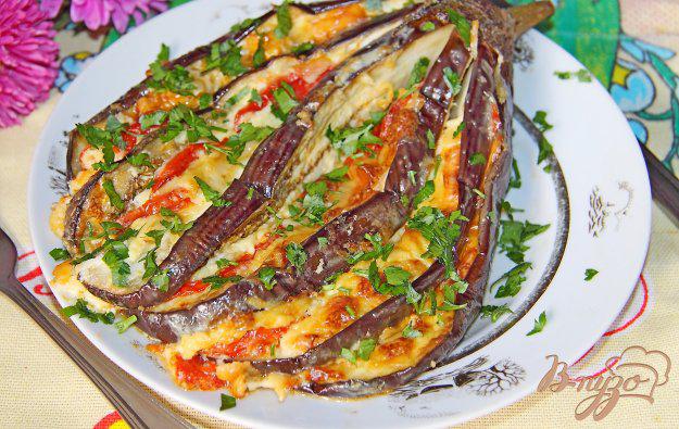 фото рецепта: Баклажан веером в духовке с сыром и помидорами
