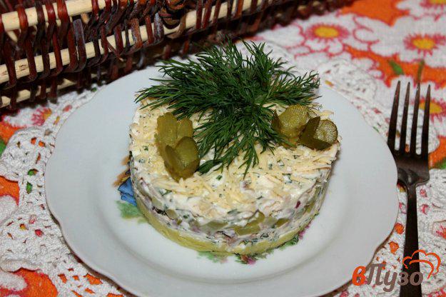 фото рецепта: Слоеный куриный салат с картофелем и чесночным соусом