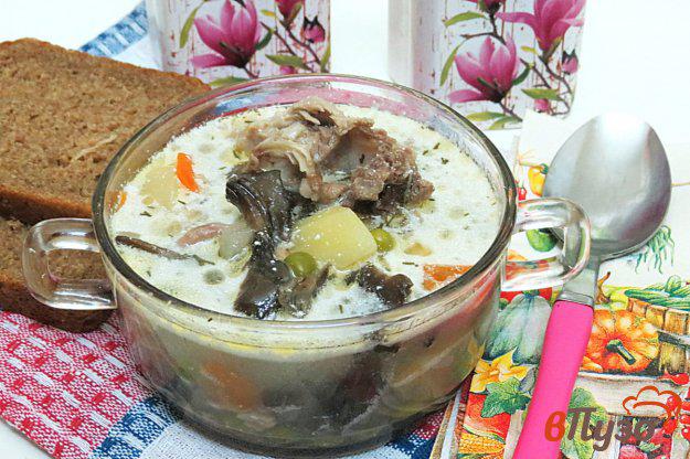 фото рецепта: Суп на свиных рёбрах с опятами, горошком и сметаной