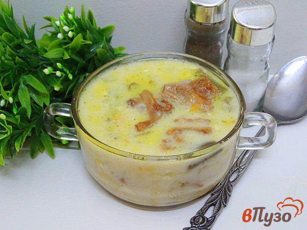 фото рецепта: Суп с лисичками, плавленым сыром и спаржевой фасолью