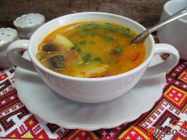 фото рецепта: Суп с маринованным огурцом и колбасой